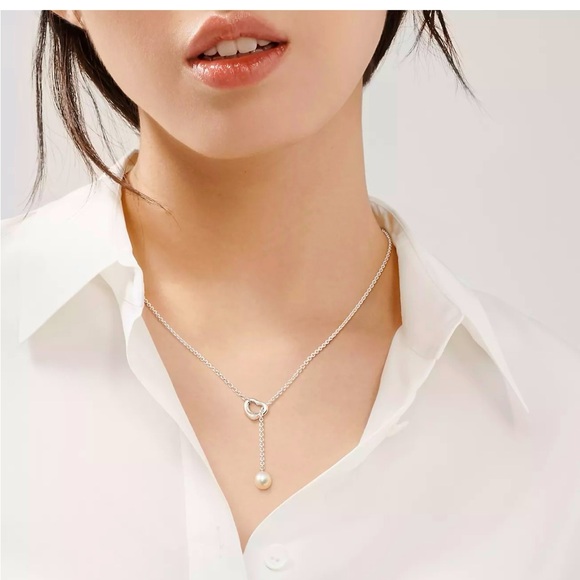Tiffany & Co. Elsa Peretti Pearl Drop Necklace (Open Heart Lariat) - NEW IN BAG - Picture 1 of 6